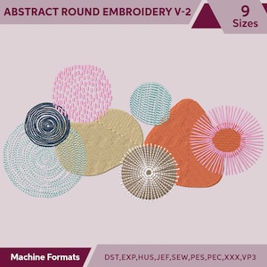 Peut inclure: Modèle de broderie ronde abstrait disponible en neuf tailles. Le motif présente une variété de couleurs et de motifs, notamment le rose, le bleu, le vert, le marron et l'orange.