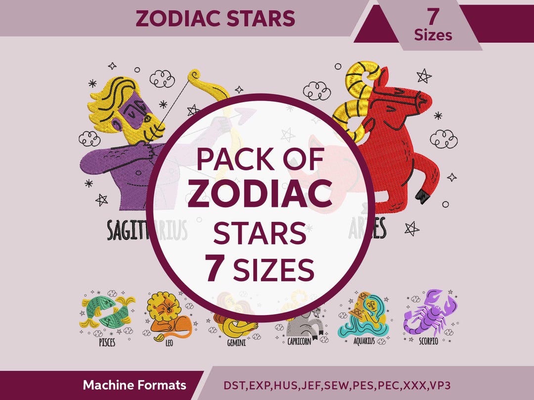 Zodiac Signs Embroidery - 12 Zodiac Embroidery Signs Designs Pack - 7 Sizes  - Instant Download - Etsy