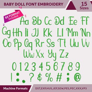 Fontes de bordado Baby Doll 15 tamanhos, conjunto de design de bordado à máquina de alfabetos, fontes PES DST de pequeno a grande