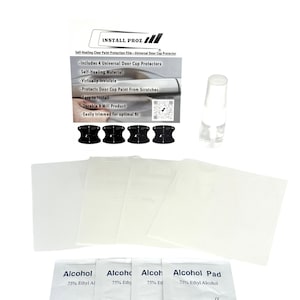 May include: A set of four black door cup protectors, four alcohol wipes, and a bottle of alcohol spray. The product packaging includes the text "INSTALL PROZ" and "Self-Healing Clear Paint Protection Film - Universal Door Cup Protector".