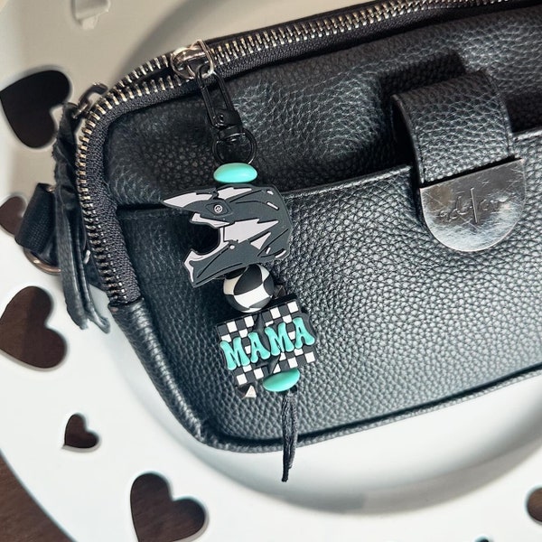 Teal&Checkered Moto Mama Keychain