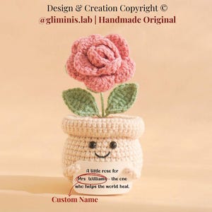 May include: A handcrafted crochet rose in a smiling pot. The pink rose has green leaves and sits in a cream-coloured pot with a smiling face. A small tag reads "A little rose for Mrs. Williams - the one who helps the world heal."
