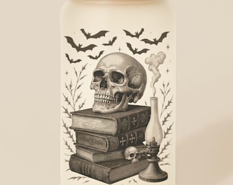 Taza de vidrio esmerilado de 16 oz con forma de calavera para leer libros, ideal como regalo de Halloween, con tapa, ideal como regalo para amantes de los libros.