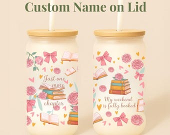 Taza de vidrio esmerilado personalizada de 16 oz, regalo para leer, café, vaso de vidrio con tapa y pajita, ideas de regalo para amantes de los libros, caja de regalo para ella