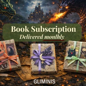 May include: Image promoting a book subscription service. Three wrapped books with decorative ribbons and embellishments are displayed. The background features dragons, a castle, and the text "Book Subscription Delivered monthly" and the brand name "GLIMINIS".
