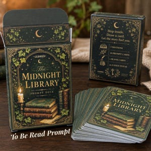Peut inclure: Un jeu de cartes intitulé The Midnight Library Prompt Deck, présenté dans une boîte vert foncé ornée d'illustrations de lierre et de livres dorés. L'ensemble comprend une boîte, un dos de boîte avec du texte et un tas de cartes assorties.