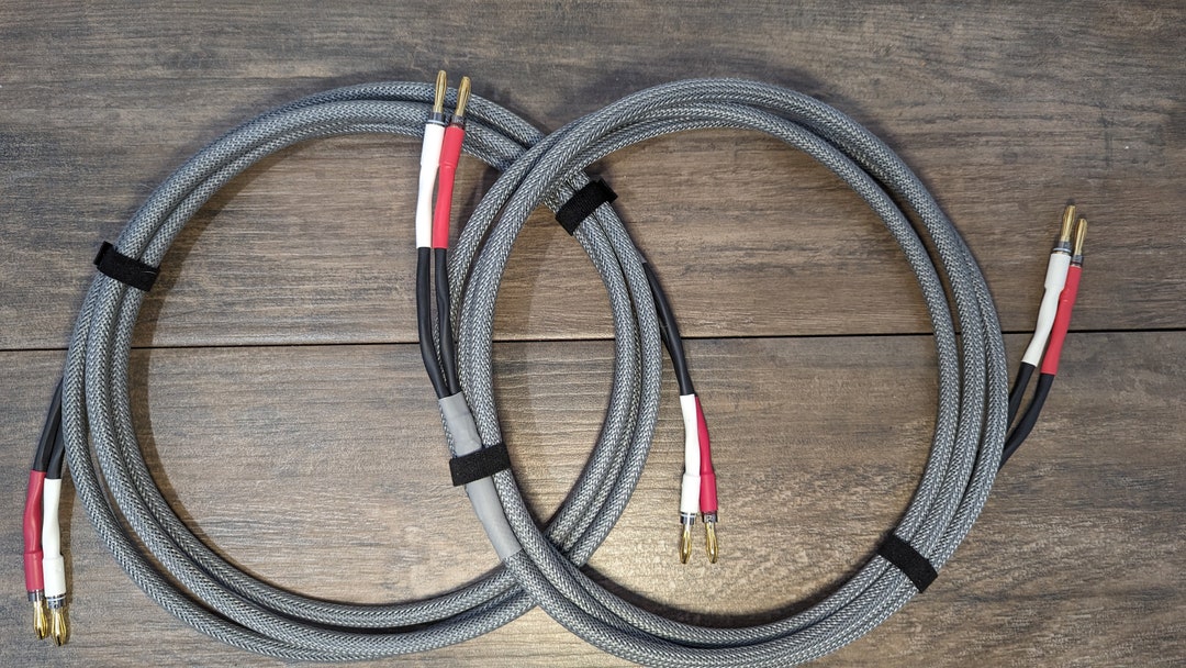 Audiophile Speaker Cables, Canare 4S8, Banana Plugs, Platinum Gray, 10