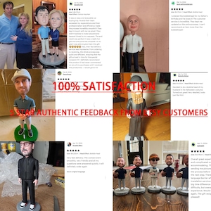May include: A collage of customer reviews for personalized bobbleheads. The reviews highlight the high quality of the product, the fast delivery, and the excellent customer service. The reviews are all 5 stars and include text that says "100% Satisfaction" and "5 Star Authentic Feedback from Etsy Customers".