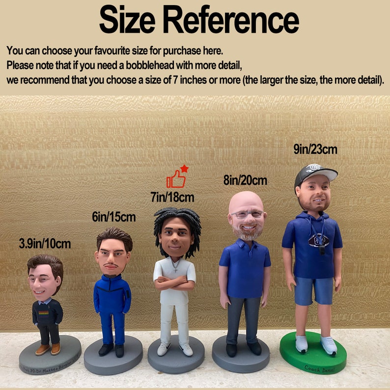 May include: Size reference chart for custom bobbleheads showing five different sizes: 3.9 inches, 6 inches, 7 inches, 8 inches, and 9 inches. Each size is represented by a bobblehead figurine.