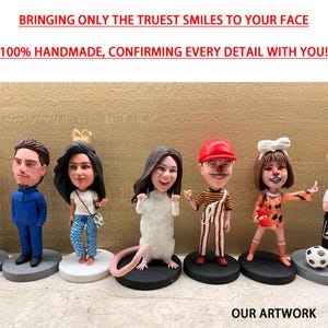 May include: A collection of six handmade figurines, each with a unique personality and style. The figurines are made of a variety of materials, including clay, paint, and fabric. They are all standing on small bases and are arranged in a row. The figurines are all smiling and appear to be happy. The text "BRINGING ONLY THE TRUEST SMILES TO YOUR FACE 100% HANDMADE, CONFIRMING EVERY DETAIL WITH YOU! OUR ARTWORK" is visible at the top and bottom of the image.