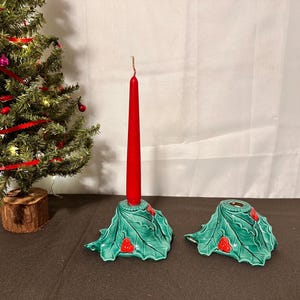 Vintage Holland Mold Holly Leaves & Berries Ceramic Candlestick Holders - Retro Classic Christmas Decor