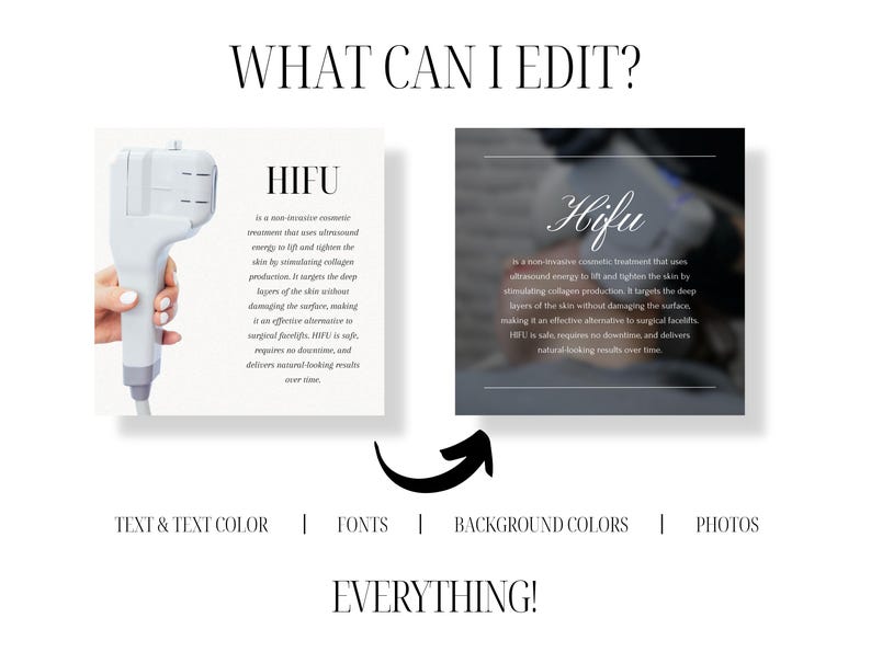 Perfect for esthetic professionals who want to simplify content creation while keeping a minimalist and luxury look. This HIFU Canva template bundle includes marketing graphics, treatment education, pricing info, and visual content to highlight the results of non-surgical facelift treatments. Great for skin care clinics, medical spas, and solo estheticians who want to post consistently with a clear brand voice.