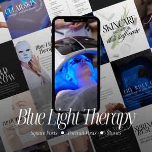 Modelli Instagram per la terapia con luce blu per estetisti, post per trattamenti con luce LED, social media per cliniche della pelle, branding per saloni di bellezza, Canva