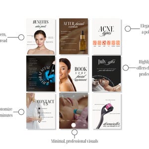 Nine post thumbnails from the Facial Treatments bundle shown with callouts like: “Clean, modern, and eye-catching,” “Professional fonts with aesthetic appeal,” “Customizable in minutes,” “Promote your treatments clearly,” and “Designed for beauty industry pros.” Ideal Canva templates for salons, skincare clinics, and med spas offering red light therapy, oxygen infusion, ultrasonic facials, and other cosmetic treatments on Instagram and Facebook.