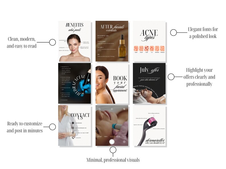 Nine post thumbnails from the Facial Treatments bundle shown with callouts like: “Clean, modern, and eye-catching,” “Professional fonts with aesthetic appeal,” “Customizable in minutes,” “Promote your treatments clearly,” and “Designed for beauty industry pros.” Ideal Canva templates for salons, skincare clinics, and med spas offering red light therapy, oxygen infusion, ultrasonic facials, and other cosmetic treatments on Instagram and Facebook.