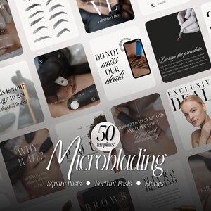 Può includere: Una raccolta di 50 modelli per social media dedicati ai servizi di microblading, caratterizzati da design estetici in bianco e nero con tipografia, immagini fotografiche di procedure per sopracciglia e testi promozionali.