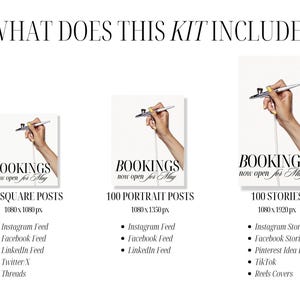Graphic with title “What does this kit include?” followed by a breakdown of Canva social media formats: 100 Square Posts (for Instagram, Facebook, LinkedIn), 100 Vertical Posts (for Reels, Threads, TikTok), and 100 IG Stories (for Instagram, Pinterest Idea Pins, and YouTube Shorts). Templates cover Hydrafacial, microdermabrasion, dermaplaning, and more—perfect for any salon or skin clinic’s marketing needs.