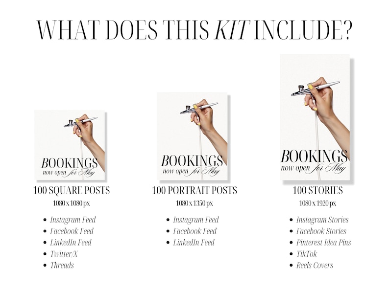 Graphic with title “What does this kit include?” followed by a breakdown of Canva social media formats: 100 Square Posts (for Instagram, Facebook, LinkedIn), 100 Vertical Posts (for Reels, Threads, TikTok), and 100 IG Stories (for Instagram, Pinterest Idea Pins, and YouTube Shorts). Templates cover Hydrafacial, microdermabrasion, dermaplaning, and more—perfect for any salon or skin clinic’s marketing needs.