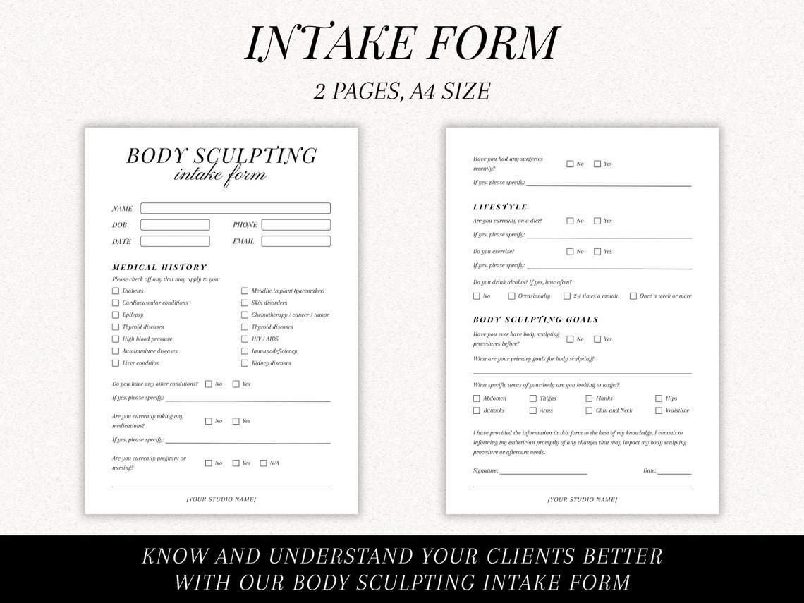 Body sculpting forms bundle for estheticians client intake form
