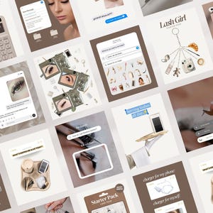 May include: A collection of social media graphics featuring lash technician content, including calculators with text, chat message overlays, product starter packs, and close-up imagery of eyelash extensions, all presented in a neutral beige and brown color palette.