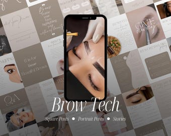 May include: A smartphone displays a close-up of an eyebrow treatment. The image is surrounded by social media posts with text like "Brow Tech", "Square Posts", and "Portrait Posts". The background features beauty-related content.