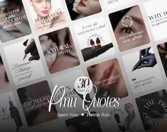 May include: A collection of 30 social media templates for permanent makeup featuring various quotes and imagery. The designs include text such as Permanent Makeup, Natural but better, Kiss proof lips, and Pmu Quotes, displayed in a grid layout.