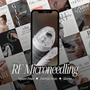 以下が含まれることがあります： スマートフォンは、RFマイクロニードリングデバイスのクローズアップを表示し、ソーシャルメディアの投稿に囲まれています。投稿には、「RFマイクロニードリング」、「スキンケア」、「ブラックフライデー」などのテキストが含まれています。デバイスは手袋をはめた手で持たれています。