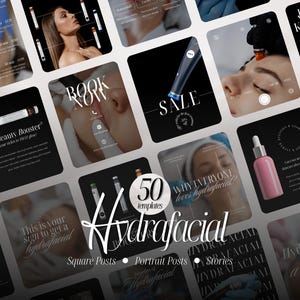 May include: A collection of 50 digital social media templates for Hydrafacial services, featuring black and white layouts with text overlays, skincare product imagery, and close-up shots of facial treatments, designed for square posts and stories.