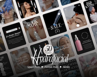 May include: A collection of 50 digital social media templates for Hydrafacial services, featuring black and white layouts with text overlays, skincare product imagery, and close-up shots of facial treatments, designed for square posts and stories.