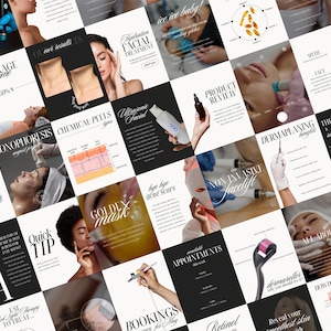 Collage-style graphic showing a full layout of various Canva templates, including visuals for oxygen infusion (O2), dermaplaning, microdermabrasion, RF lifting, and Hydrafacial posts. Features mix of educational content, quotes, promotional posts, and sleek skincare imagery. Designed for beauty businesses and estheticians posting on Instagram, Facebook, or Stories. Great for content creators and marketing skin clinic services.