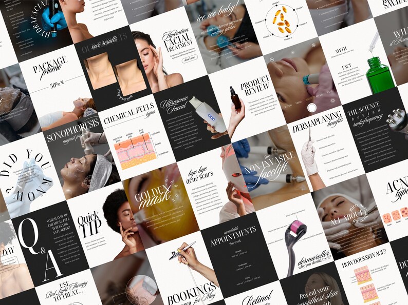 Collage-style graphic showing a full layout of various Canva templates, including visuals for oxygen infusion (O2), dermaplaning, microdermabrasion, RF lifting, and Hydrafacial posts. Features mix of educational content, quotes, promotional posts, and sleek skincare imagery. Designed for beauty businesses and estheticians posting on Instagram, Facebook, or Stories. Great for content creators and marketing skin clinic services.