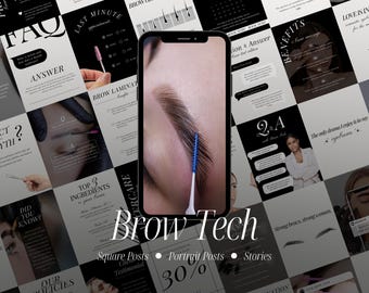 May include: A smartphone screen displays a close-up of an eyebrow being groomed with a blue-tipped tool. The image is surrounded by black and white social media posts about brow care, with the text "Brow Tech".