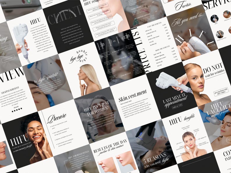 Boost your non-surgical facelift business with this elegant HIFU Instagram Marketing Kit. Created for esthetic clinics, dermatology spas, and beauticians, this bundle supports your Instagram content plan with ready-to-edit social media templates. Educate your audience about focused ultrasound therapy, skin tightening benefits, and treatment expectations while maintaining a premium visual identity that builds trust and attracts more clients.