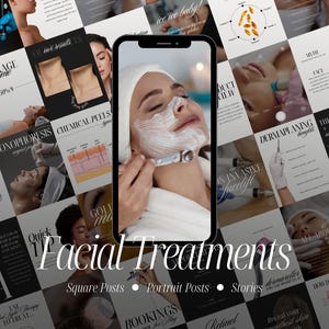 Preview of Facial Treatments Canva templates designed for beauty salons, estheticians, and skincare clinics. A phone in the center displays a facial treatment image (e.g., Hydrafacial), while the background showcases thumbnail previews of Instagram and Story post templates. Text highlights that the bundle includes square posts, vertical posts, and IG Stories—perfect for promoting HIFU facelifts, chemical peels, dermaplaning, RF facials, and microdermabrasion on social media.