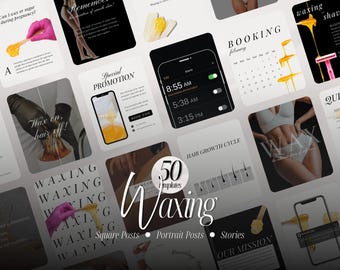 May include: A collection of 50 social media templates for waxing services, featuring various layouts with text, imagery of wax application, hair growth cycles, booking calendars, and promotional graphics in black, white, and gold color schemes.