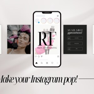 May include: A digital display of five square social media templates featuring beauty and skincare content. The central smartphone screen shows a graphic with the text RF SKIN TIGHTENING and a metallic device held by pink gloved hands.
