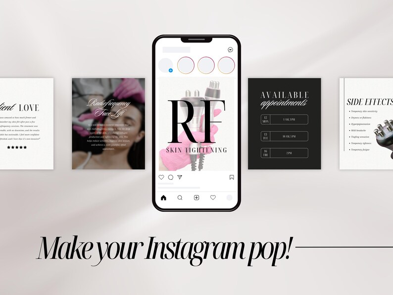 May include: A digital display of five square social media templates featuring beauty and skincare content. The central smartphone screen shows a graphic with the text RF SKIN TIGHTENING and a metallic device held by pink gloved hands.