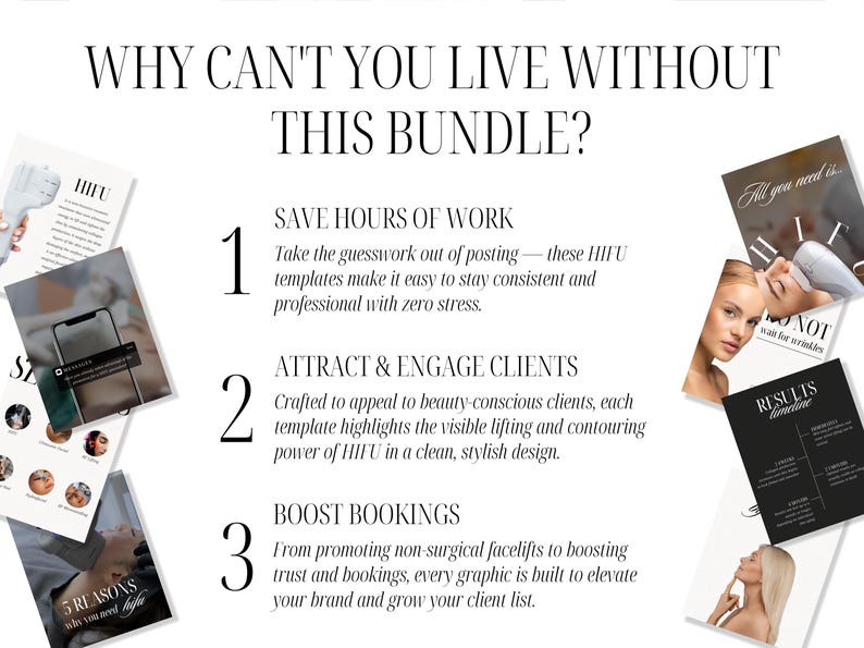 Why Can't You Live Without This Bundle? 1. Take the guesswork out of posting — these HIFU templates make it easy to stay consistent and professional with zero stress. 2. Crafted to appeal to beauty-conscious clients, each template highlights the visible lifting and contouring power of HIFU in a clean, stylish design. 3. From promoting non-surgical facelifts to boosting trust and bookings, every graphic is built to elevate your brand and grow your client list.