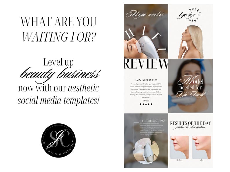 Expand your content strategy with ease. This HIFU Canva bundle offers templates for posts, stories, and IG feed designs, helping skin specialists, esthetic salons, and spa business owners consistently share branded, educational content. Whether you're highlighting non-invasive treatments, sharing results, or promoting seasonal offers, this content kit brings convenience and professionalism to your Instagram.