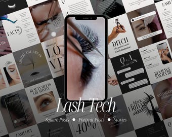 Modelos para Instagram de técnicas de cílios, conteúdo para redes sociais sobre extensão e lifting de cílios, designs do Canva