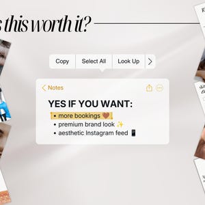 May include: A digital graphic featuring the text Is this worth it? and a Notes app interface displaying the text YES IF YOU WANT: more bookings, premium brand look, and aesthetic Instagram feed, surrounded by various skincare promotional images.