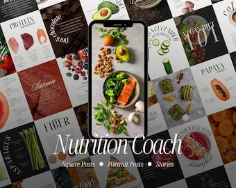Può includere: Uno smartphone mostra un pasto sano a base di salmone, broccoli e noci, circondato da altre immagini di cibo. L'immagine fa parte dei contenuti social di un nutrizionista, con il testo "Nutrition Coach: Square Posts, Portrait Posts, Stories."
