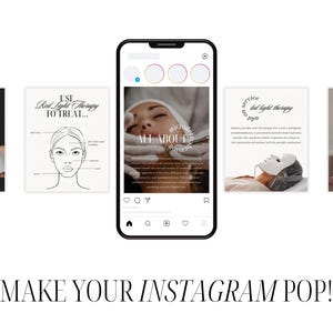A mockup of an Instagram feed displayed inside a smartphone featuring Canva-designed facial treatment posts. Surrounding thumbnails show facials like HIFU, oxygen infusion, and RF lifting. Caption below says: “Upgrade your aesthetic feed!” Designed for beauty professionals, estheticians, and skincare clinics who want to attract new clients through high-quality Instagram content.