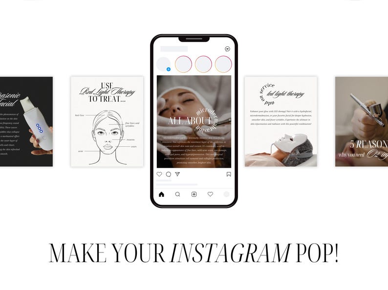 A mockup of an Instagram feed displayed inside a smartphone featuring Canva-designed facial treatment posts. Surrounding thumbnails show facials like HIFU, oxygen infusion, and RF lifting. Caption below says: “Upgrade your aesthetic feed!” Designed for beauty professionals, estheticians, and skincare clinics who want to attract new clients through high-quality Instagram content.