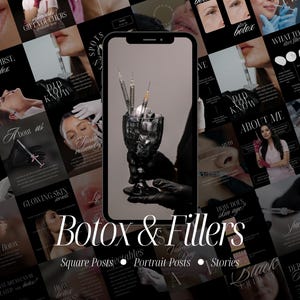 May include: A promotional image for Botox and fillers, featuring a smartphone displaying syringes in a decorative glass. The background includes various square and portrait posts with text like "Juvederm," "Botox," and "Fillers." The overall theme is cosmetic procedures.