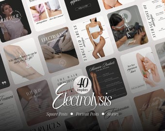 May include: A collection of 40 social media templates for electrolysis services, featuring various layouts with text overlays, diagrams of hair growth cycles, targeted treatment areas, and photographic imagery of skin care and hair removal procedures.