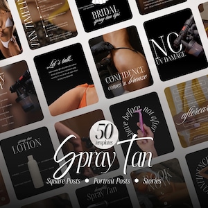 Puede incluir: Una colección de 50 plantillas digitales para redes sociales destinadas a negocios de bronceado en spray, con fondos negros, tipografía blanca con serifa, elementos fotográficos de equipos de bronceado e imágenes de cuidado.