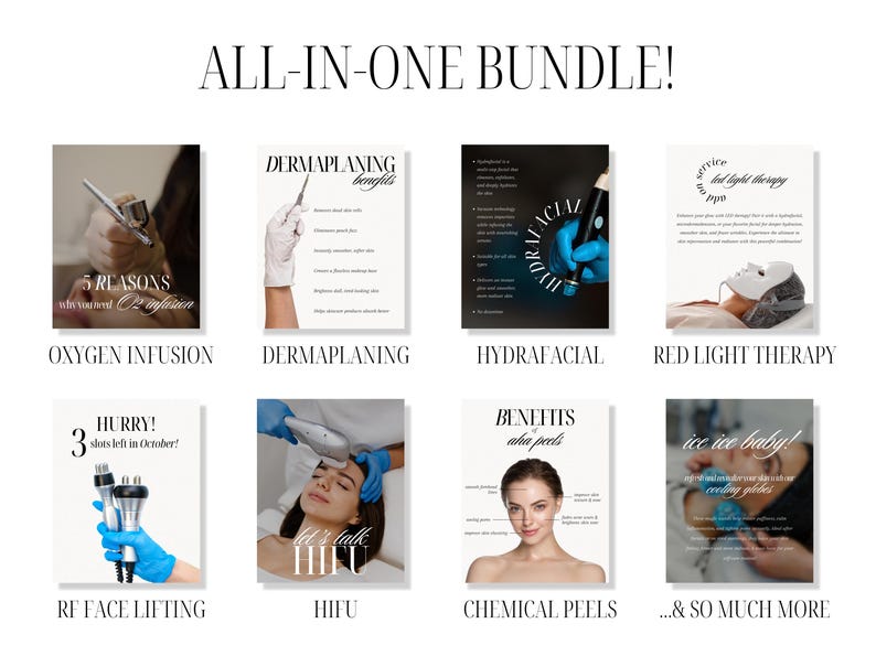 ALL-IN-ONE BUNDLE! In this bundle you will find posts about: oxygen infusion, dermaplaning, hydrafacial, red light therapy, rf face lifting, hifu facelift, chemical peels, and so much more!