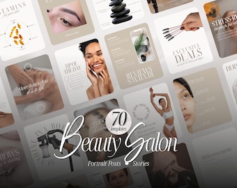 May include: A collection of 70 social media templates for a beauty salon, featuring various beige and neutral-toned graphic designs. The layouts include imagery of skincare, facial treatments, makeup tools, and text overlays for beauty services.