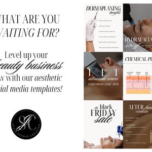 Closing graphic with: “Ready to boost your facial treatment bookings?” and message: “Download your skin clinic Canva kit now and transform your Instagram feed!” Thumbnail previews feature a variety of beauty content—from oxygen infusion and dermaplaning to Hydrafacial and RF lifting. Tailored for estheticians, salon owners, and medspa businesses growing their IG or Story presence.